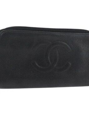 CHANEL Long Wallet Grained Calf Skin Black CC Auth bs33480